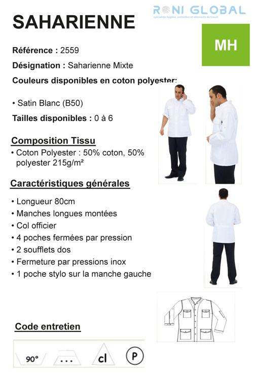 Veste de travail blanche unisexe manches longues transformables en coton et polyester 5 poches - SAHARIENNE REMI CONFECTION