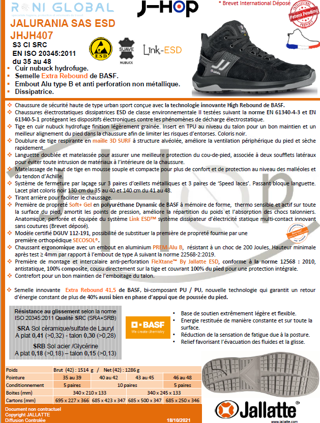 Chaussure montante de sécurité antidérapant, antistatique et anti-froid en cuir/textile avec embout de sécurité S3 CI SRC ESD - JALURANIA JALLATTE