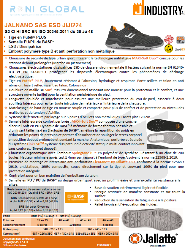 Chaussure basse de sécurité antidérapant, antistatique, anti-froid, anti-chaleur et anti-fatigue en Putek Plus sans métal avec embout de sécurité S3 CI HI SRC ESD - JALNANO JALLATTE