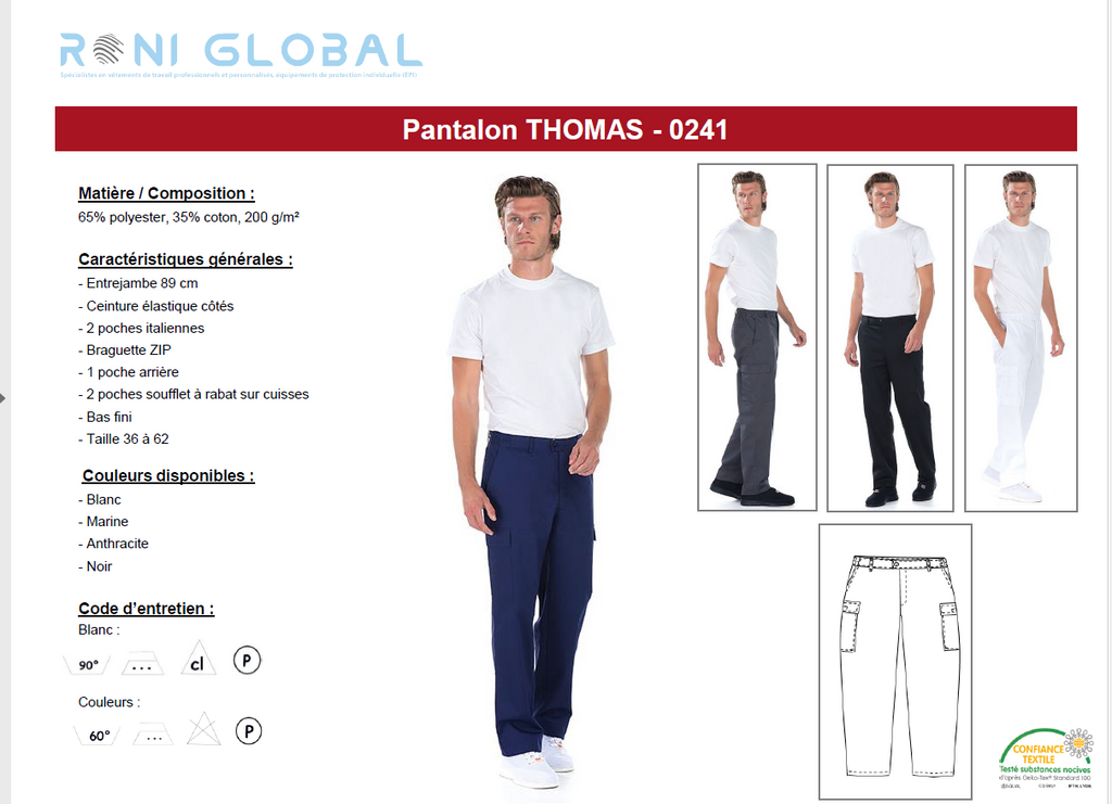 Pantalon de travail homme en coton et polyester avec ceinture élastique  côtés et 5 poches - THOMAS REMI CONFECTION