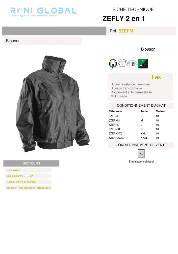 Blouson de travail 2en1 coupe-vent, imperméable et anti-froid thermique en polyester enduit PVC 6 poches - ZEFLY COVERGUARD