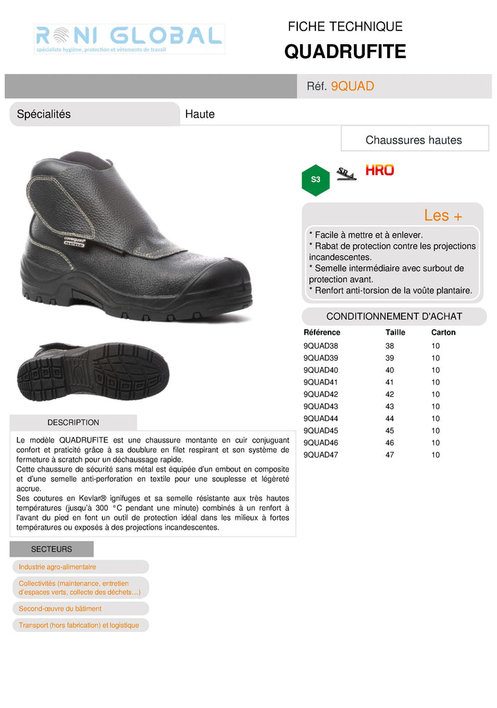 Chaussure montante de sécurité en cuir noire S3 HRO SRA - QUADRUFITE COVERGUARD